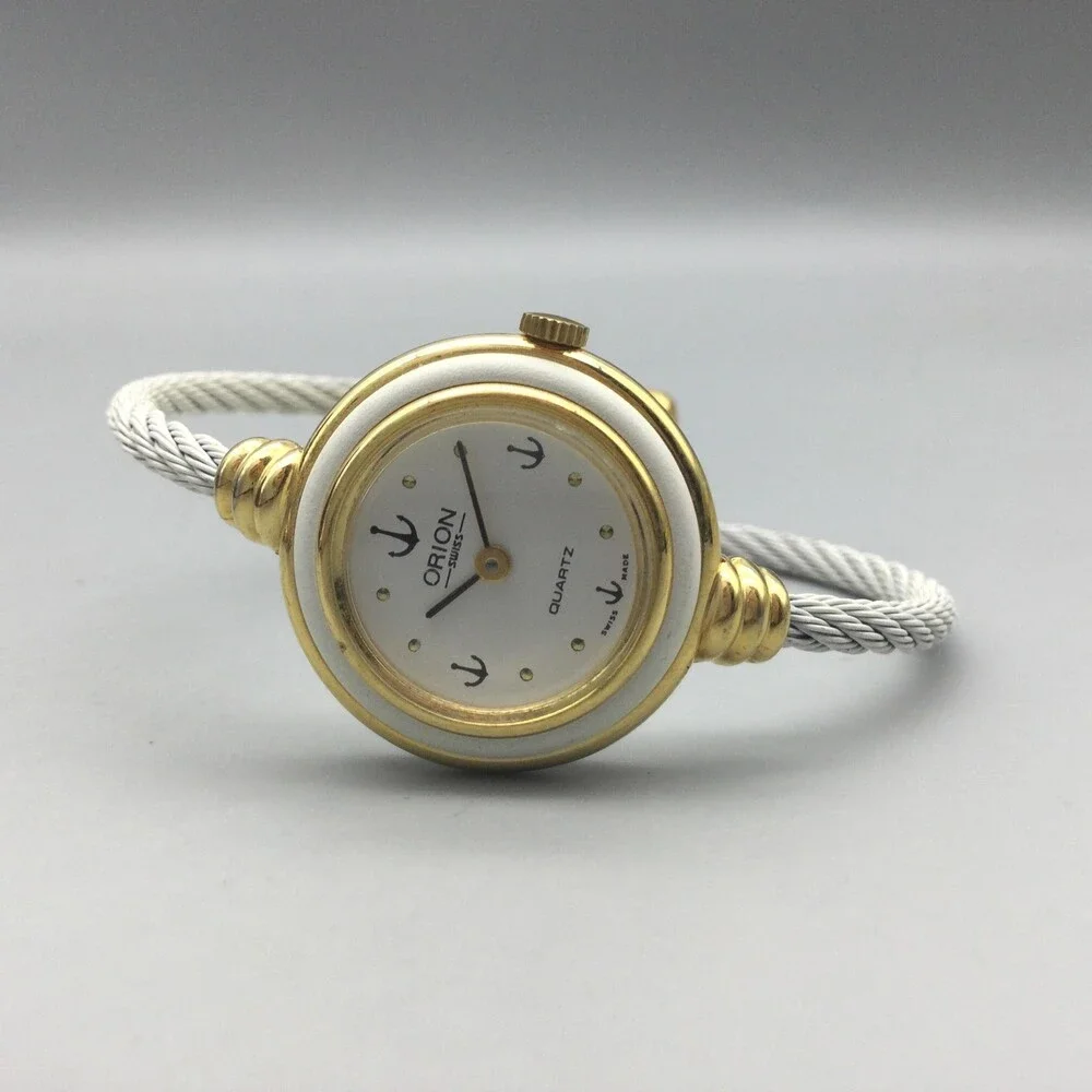 Orion Womens Watch 21mm White Dial Gold Bezel Cable Bangle Swiss New Battery